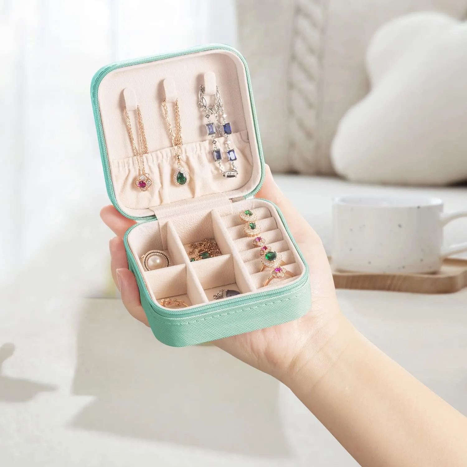 Mini Jewelry Travel Case,Small Jewelry Box,Traveling Jewelry Organizer,Portable Jewellery Storage Holder for Rings Earrings Necklace Bracelet Bangle for Girls Women(Blue - 1 pack)