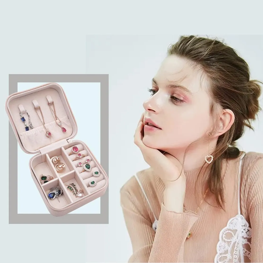 Mini Jewelry Travel Case,Small Jewelry Box,Traveling Jewelry Organizer,Portable Jewellery Storage Holder for Rings Earrings Necklace Bracelet Bangle for Girls Women(Pink - 1 pack)