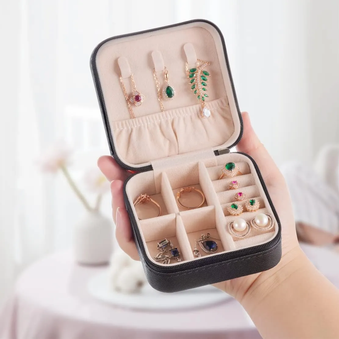 Mini Jewelry Travel Case,Small Jewelry Box,Traveling Jewelry Organizer,Portable Jewellery Storage Holder for Rings Earrings Necklace Bracelet Bangle Organizer,Boxes for Girls Women(PU-Black)