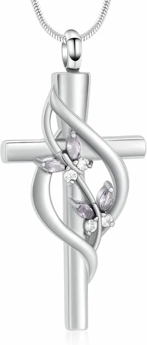 Minicremation Cremation Jewelry Urn Necklaces for Ashes Crystal Butterfly Cross Memorial Pendant for Women Girl Keepsake Gifts Funeral Cross Urn Locket