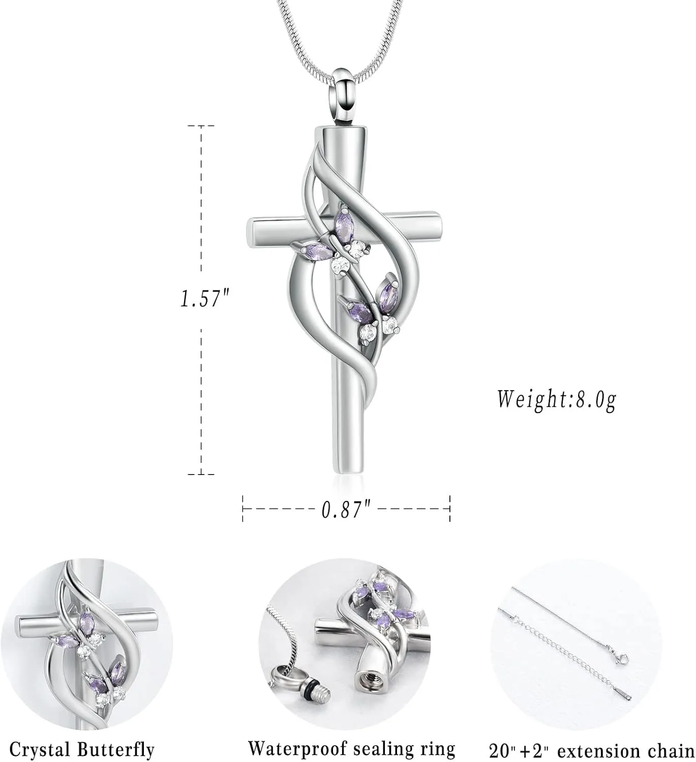 Minicremation Cremation Jewelry Urn Necklaces for Ashes Crystal Butterfly Cross Memorial Pendant for Women Girl Keepsake Gifts Funeral Cross Urn Locket