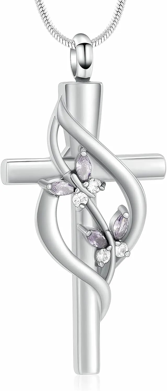 Minicremation Cremation Jewelry Urn Necklaces for Ashes Crystal Butterfly Cross Memorial Pendant for Women Girl Keepsake Gifts Funeral Cross Urn Locket
