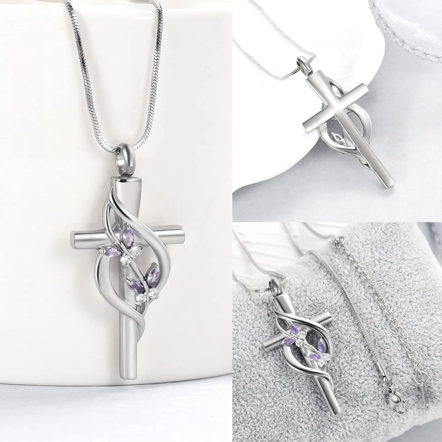 Minicremation Cremation Jewelry Urn Necklaces for Ashes Crystal Butterfly Cross Memorial Pendant for Women Girl Keepsake Gifts Funeral Cross Urn Locket