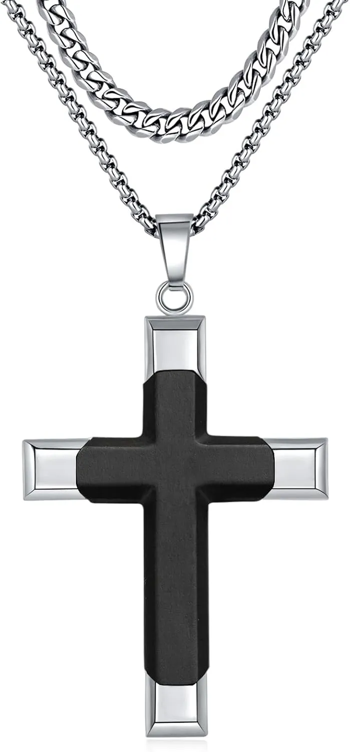 Minimalist Black Cross Necklace for Men - 2 Chains Included, Hypoallergenic 316L Stainless Steel, Inlaid Ebony with Lacquered - Christian Gift