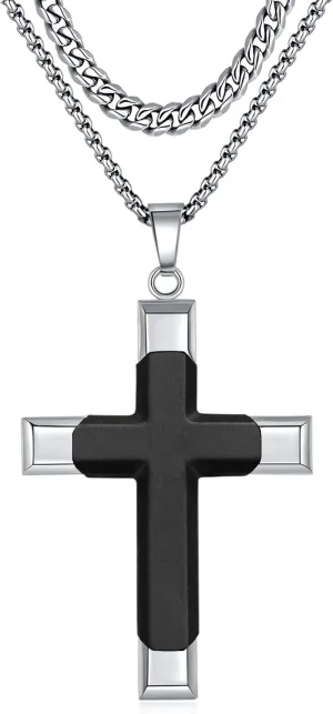Minimalist Black Cross Necklace for Men - 2 Chains Included, Hypoallergenic 316L Stainless Steel, Inlaid Ebony with Lacquered - Christian Gift