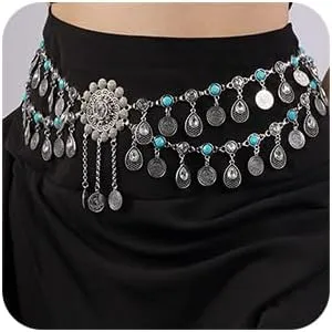 Missgrace Bohemian Vintage Blue Turquoise Tassel Crystal Chain Belly Silver Rhinestone Body Chains Handmade Indian Body Accessories for Women