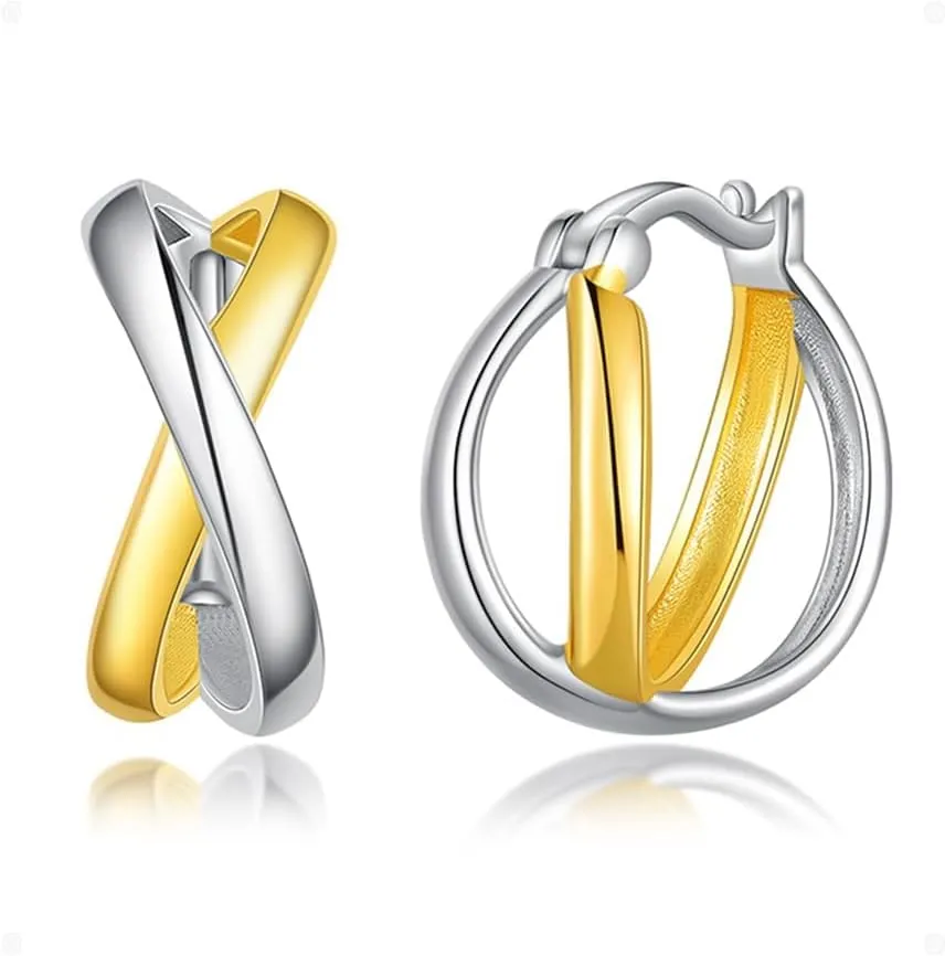 Mixed Metal Earrings with 925 Sterling Silver Ear Posts Two Toned Earrings Silver Hoop Earring for Women Daily Jewel Gift for Her