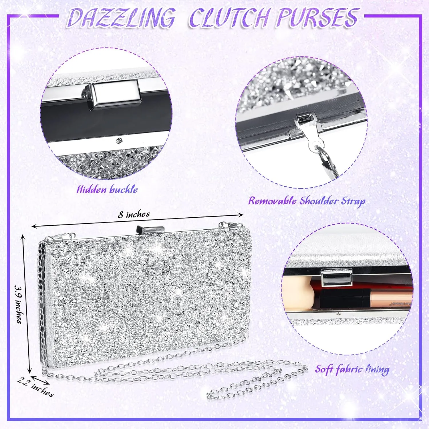 Mixweer 4 Pieces Clutch Purses Bag for Women Evening Rhinestone Jewelry Set Bling Necklace Earrings Bracelets Set for Wedding