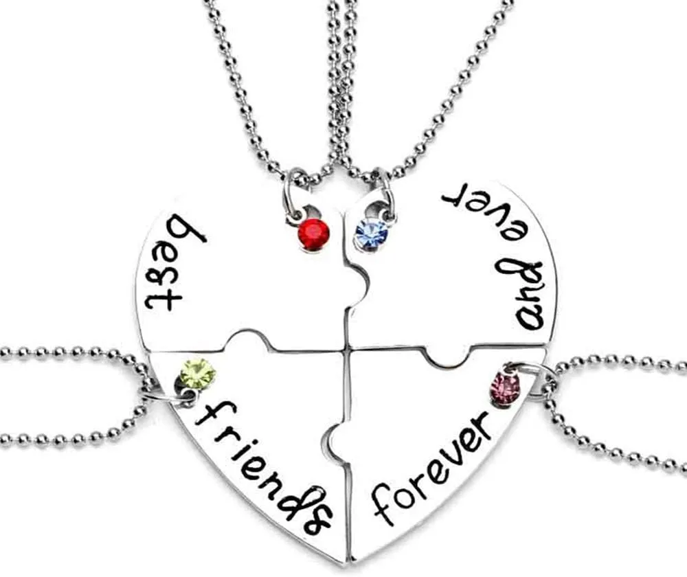 MJartoria Best Friend Necklace Puzzle Heart Pendant with Rhinestones Best Friends Forever Friendship Necklaces BFF Necklace for 4 Friendship Gifts