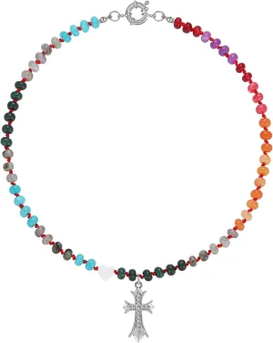 MJartoria Cross Beaded Necklace for Women, Colorful Boho Gemstone Bead Pendant Choker Natural Stone Beach Summer Handmade Necklace Jewelry Gifts