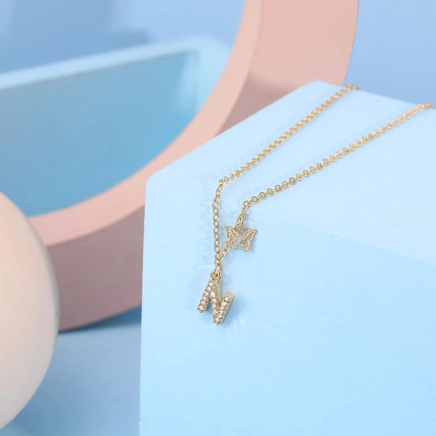 MJartoria Dainty Initial Necklace Butterfly Pendant Necklace, 14K Gold Plated Cubic Zirconia Letter Dainty Necklaces Jewelry Birthday Gifts for Women
