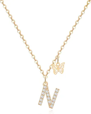 MJartoria Dainty Initial Necklace Butterfly Pendant Necklace, 14K Gold Plated Cubic Zirconia Letter Dainty Necklaces Jewelry Birthday Gifts for Women