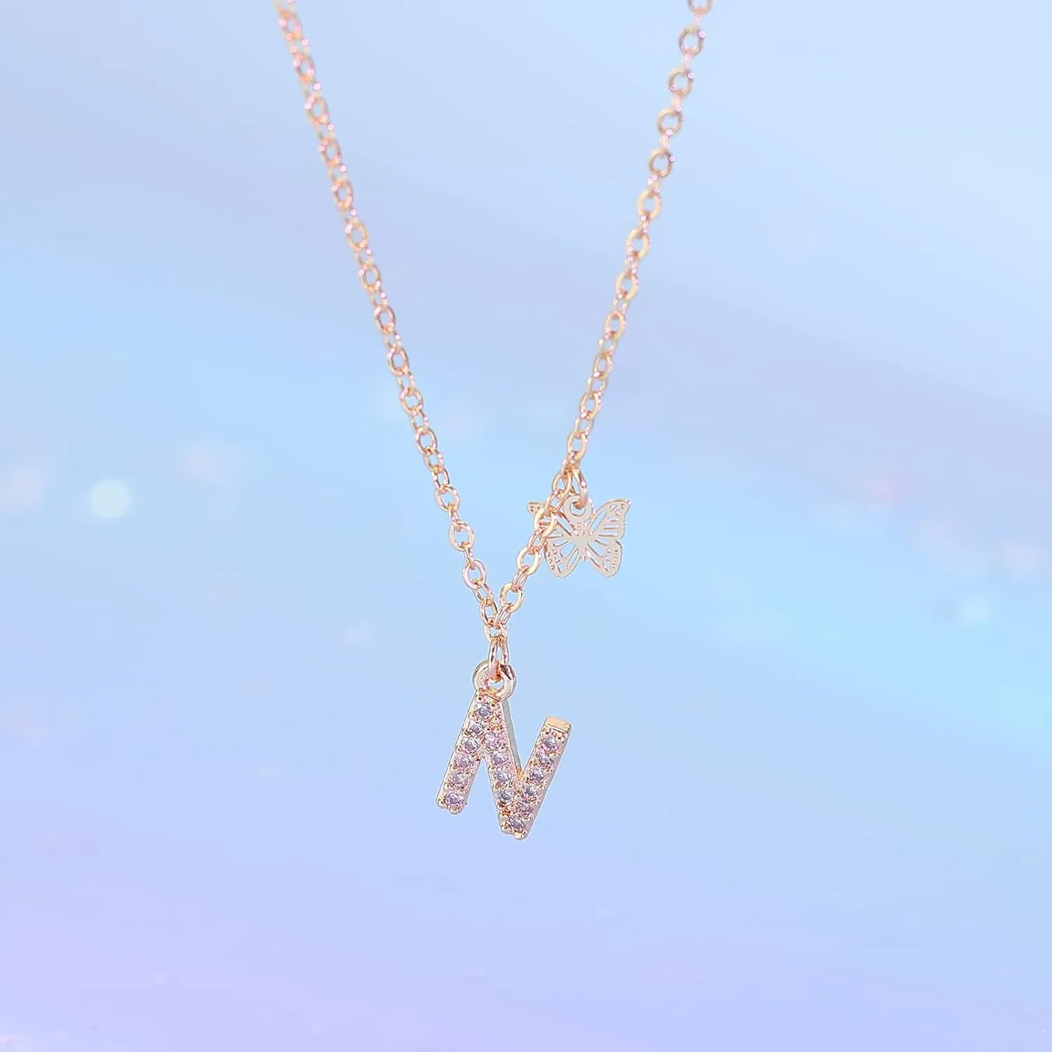MJartoria Dainty Initial Necklace Butterfly Pendant Necklace, 14K Gold Plated Cubic Zirconia Letter Dainty Necklaces Jewelry Birthday Gifts for Women