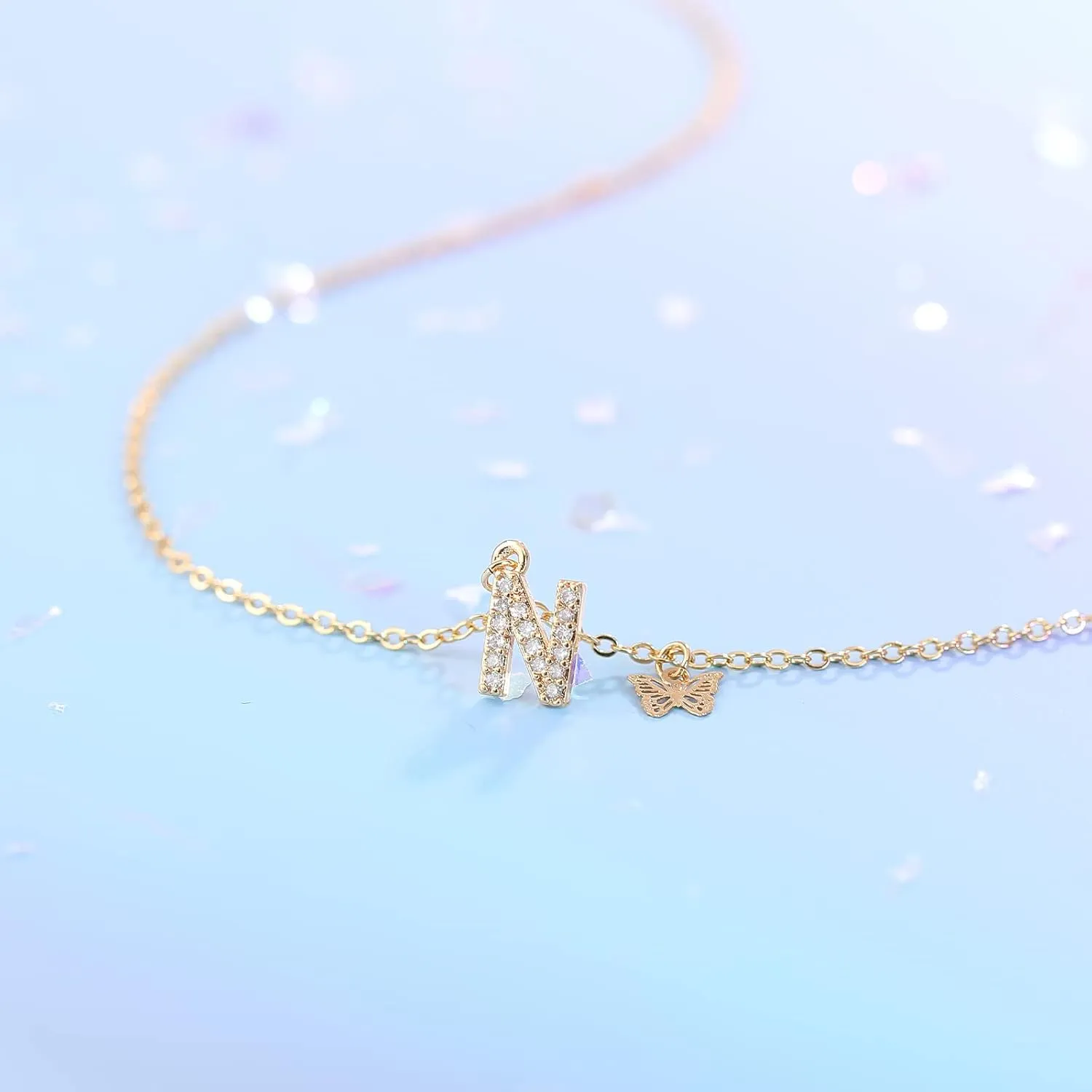 MJartoria Dainty Initial Necklace Butterfly Pendant Necklace, 14K Gold Plated Cubic Zirconia Letter Dainty Necklaces Jewelry Birthday Gifts for Women