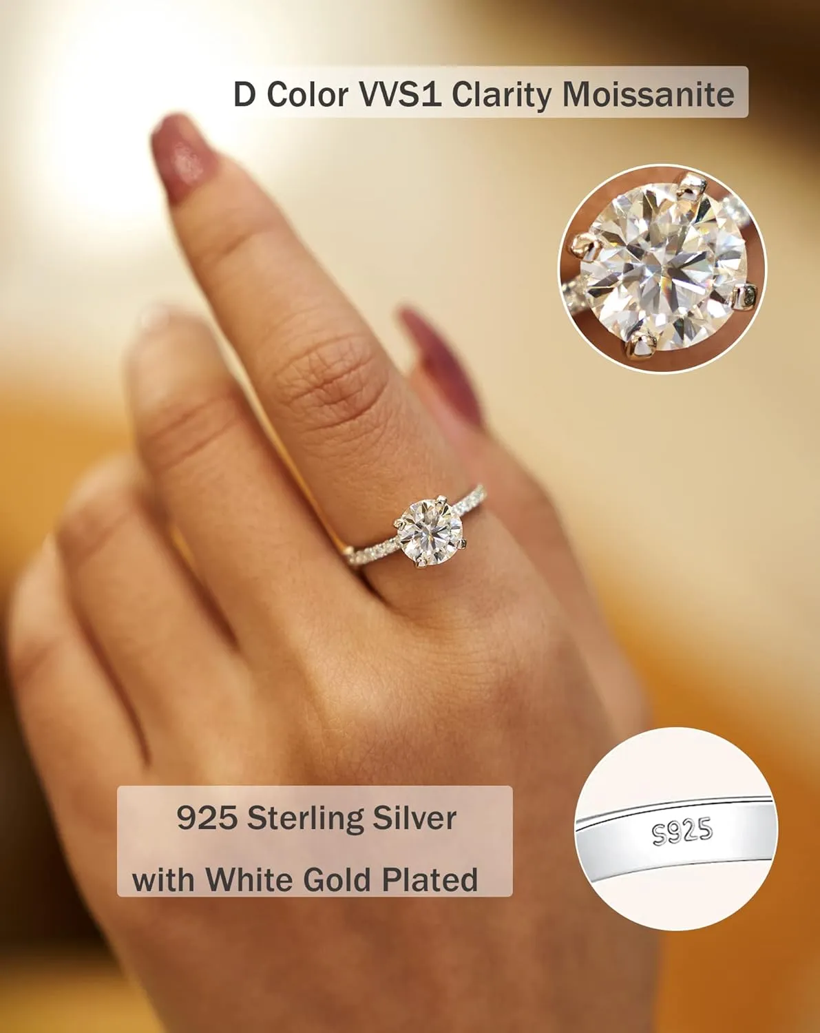 Moissanite Engagement Ring for Women Solitaire Rings with 18K White Gold Plated D Dolor Sterling Silver Engagement Ring for Women Fake Engagement Ring Promise Rings for Her