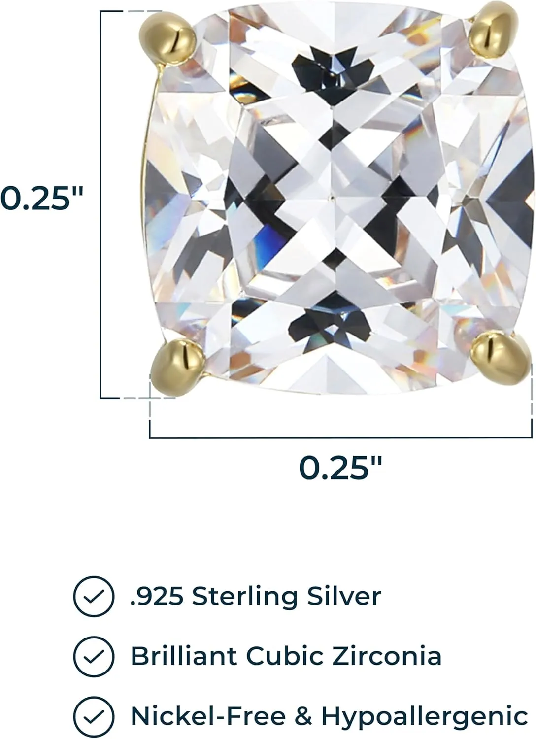 MORGAN & PAIGE .925 Sterling Silver 18K Yellow Gold Plated Classic Cushion or Round Cubic Zirconia Stud Earrings for Women - Hypoallergenic Earrings CZ Elegant Jewelry for Her