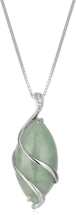 MORGAN & PAIGE .925 Sterling Silver Rhodium Plated Genuine Green Jade Necklace or Jade Earrings for Women - Wire-Wrapped Marquise Cut with Diamond Accents, Hypoallergenic Silver Jewelry Elegant Gifts