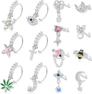 MOZAKA 14Pcs Dangle Nose Ring L Shaped Dangling Nose Stud Cute Star Heart 20g Stainless Steel Nose Ring Hoop Indian Nose Piercing Jewelry with Charm