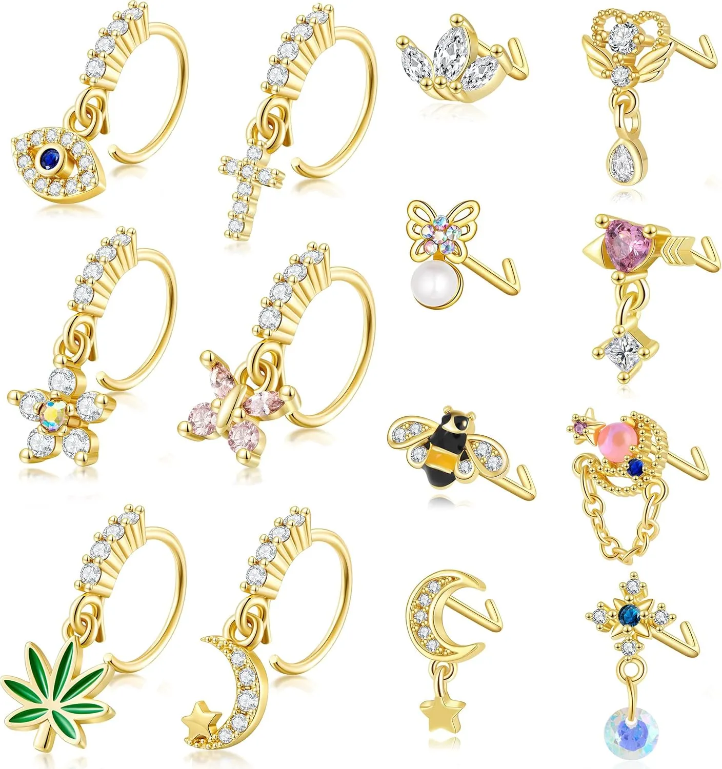MOZAKA 14Pcs Dangle Nose Ring L Shaped Dangling Nose Stud Cute Star Heart 20g Stainless Steel Nose Ring Hoop Indian Nose Piercing Jewelry with Charm