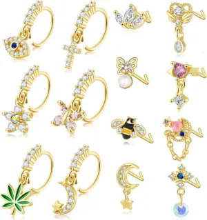 MOZAKA 14Pcs Dangle Nose Ring L Shaped Dangling Nose Stud Cute Star Heart 20g Stainless Steel Nose Ring Hoop Indian Nose Piercing Jewelry with Charm