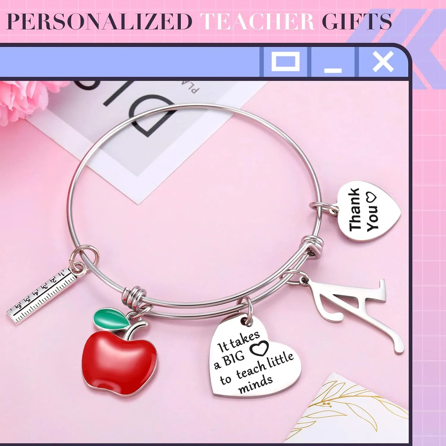 MTLEE Teacher Appreciation Gift Bracelet Bangle With Initial and Thank You Keychain