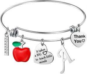 MTLEE Teacher Appreciation Gift Bracelet Bangle With Initial and Thank You Keychain