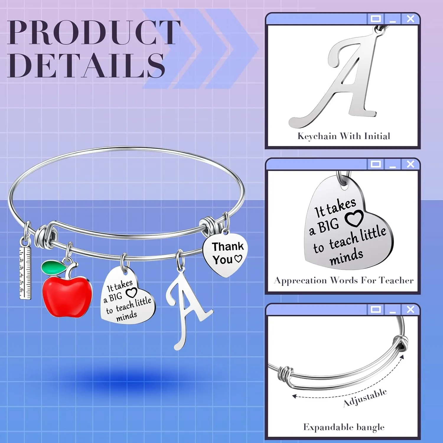 MTLEE Teacher Appreciation Gift Bracelet Bangle With Initial and Thank You Keychain