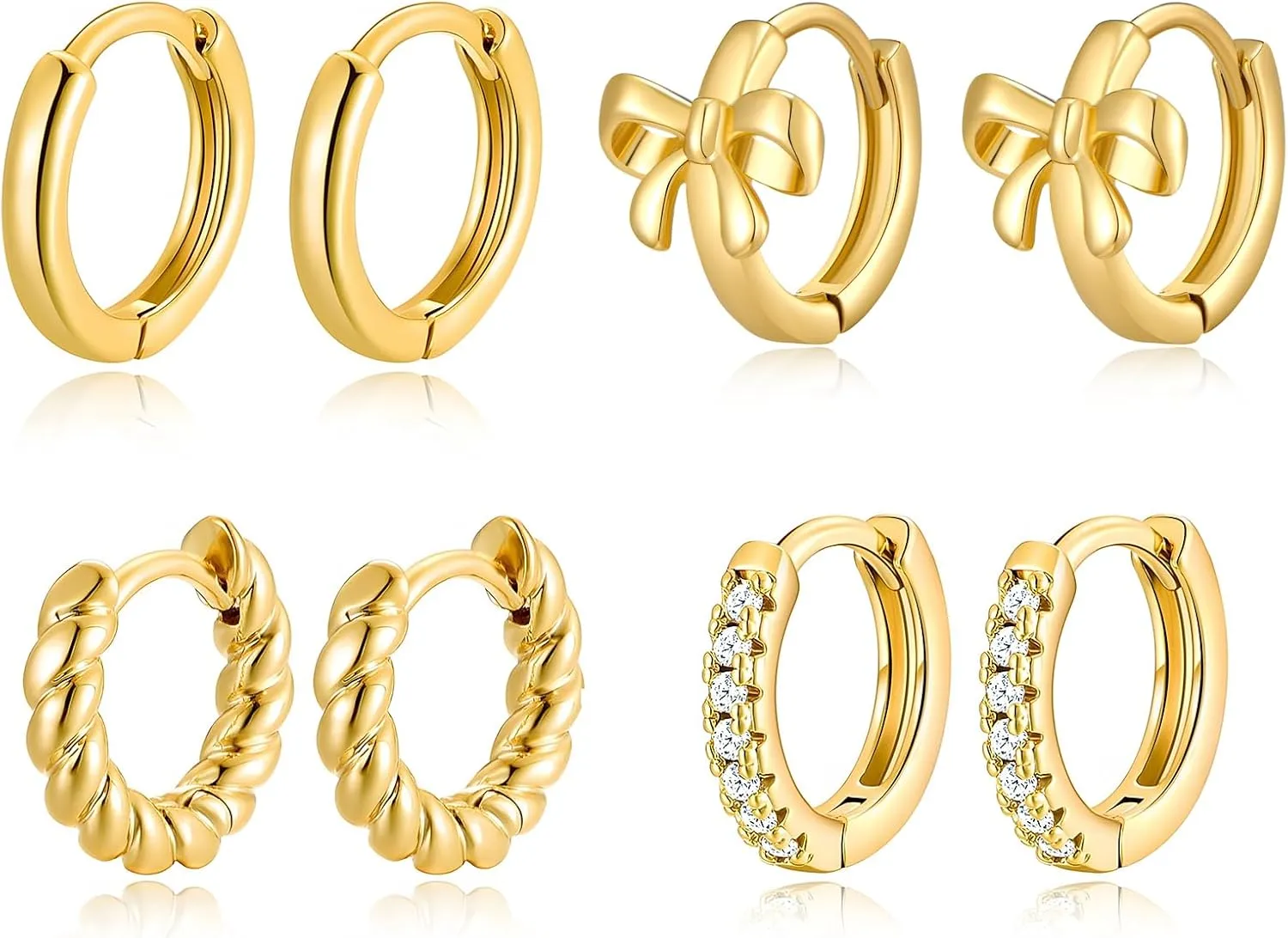 MUYAN 4 Pairs Gold Hoop Earrings for Women Small Bow Twisted Huggie Hoop Earrings Everyday Jewelry