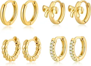 MUYAN 4 Pairs Gold Hoop Earrings for Women Small Bow Twisted Huggie Hoop Earrings Everyday Jewelry