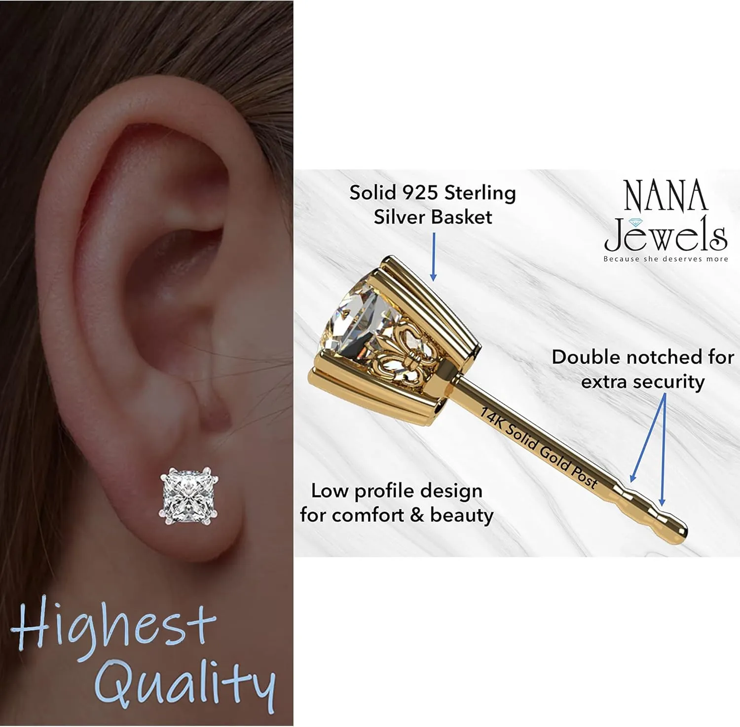 NANA Jewels Asscher Cut 14K Solid Gold Posts & Sterling Silver Simulated Diamond Stud Earrings 0.75 to 4.00ctw CZ