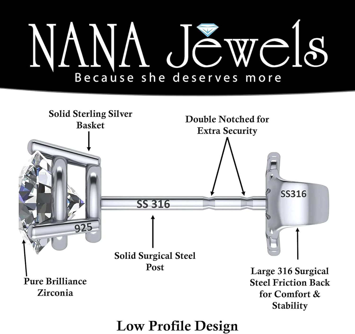 NANA Jewels Round Martini style Simulated Diamond Stud Earrings Silver & CZ 1.50ct-4.00ct Hypoallergenic