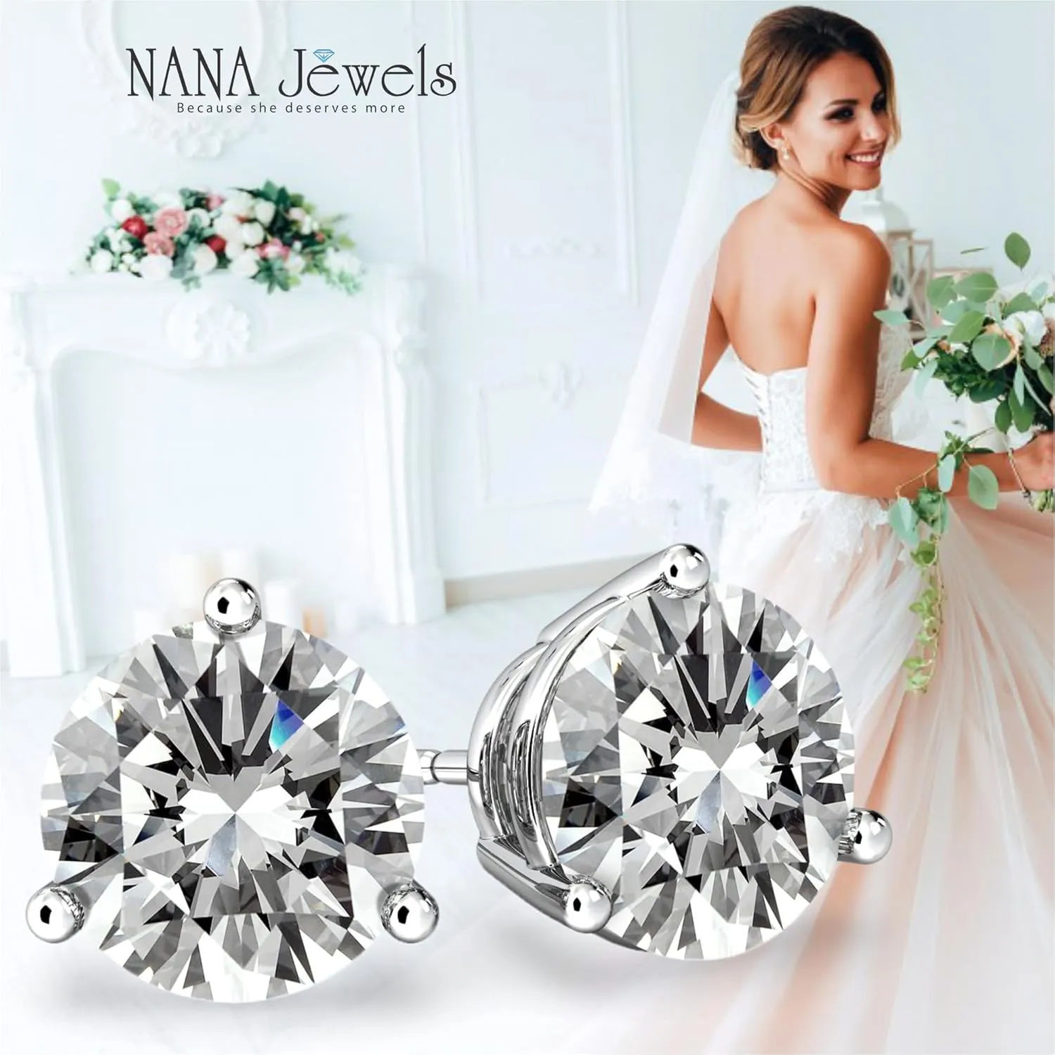 NANA Jewels Round Martini style Simulated Diamond Stud Earrings Silver & CZ 1.50ct-4.00ct Hypoallergenic