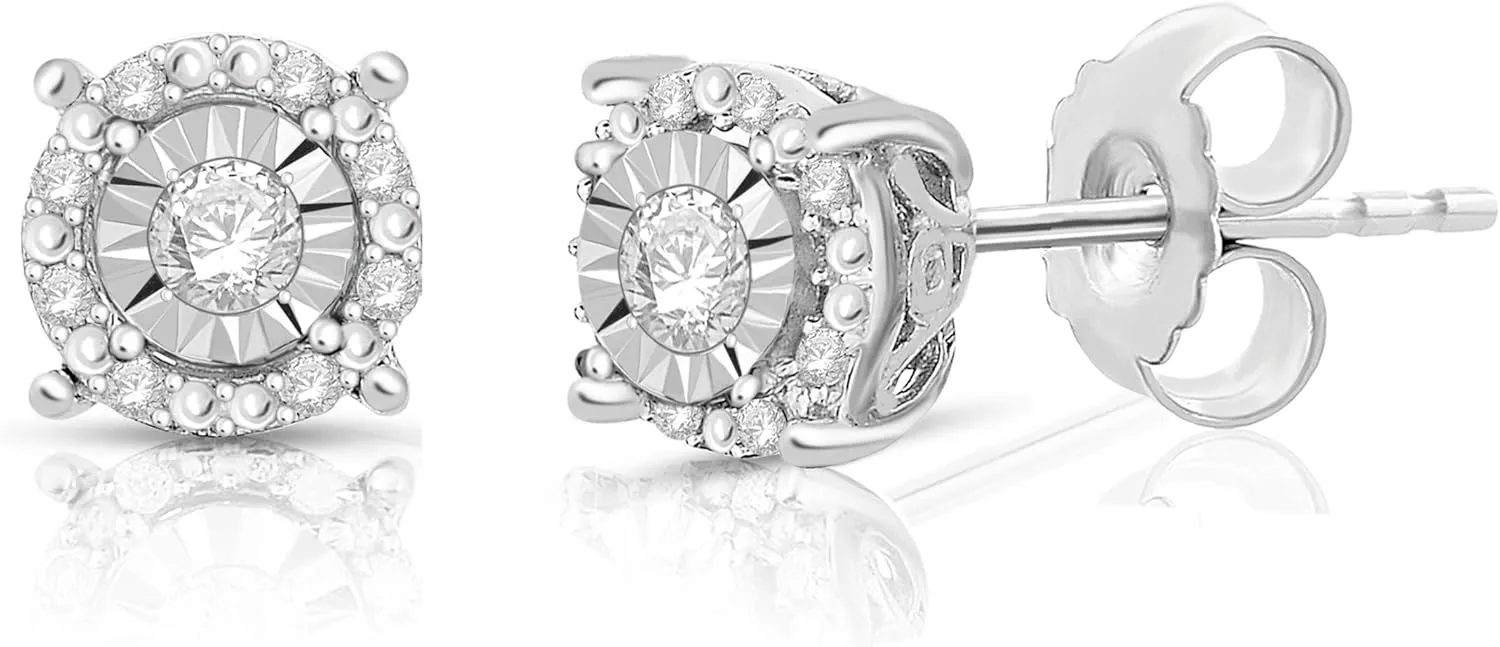 Natalia Drake Diamond Stud Earrings for Women Set in 925 Sterling Silver Halo Color I-J/Clarity I2-I3