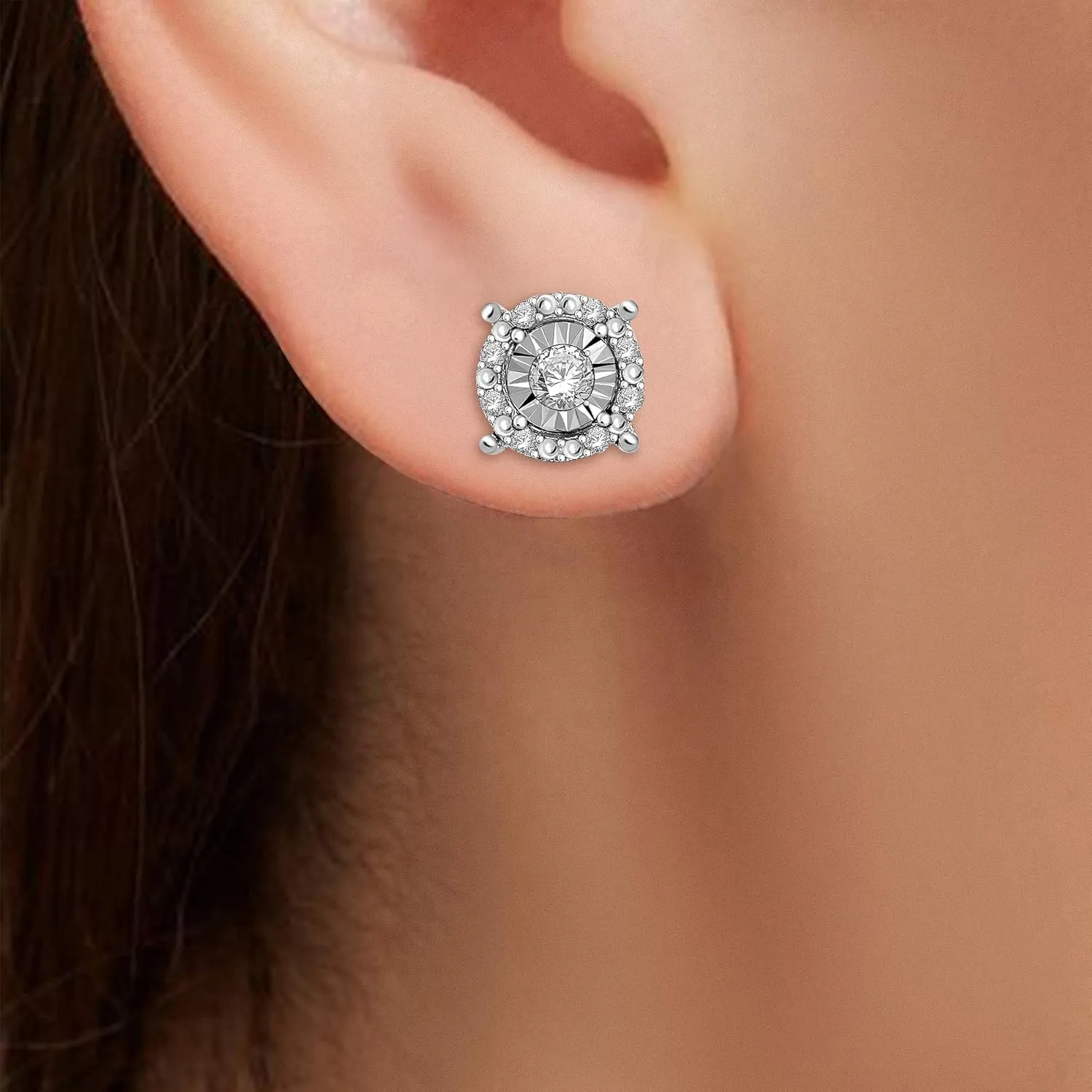 Natalia Drake Diamond Stud Earrings for Women Set in 925 Sterling Silver Halo Color I-J/Clarity I2-I3