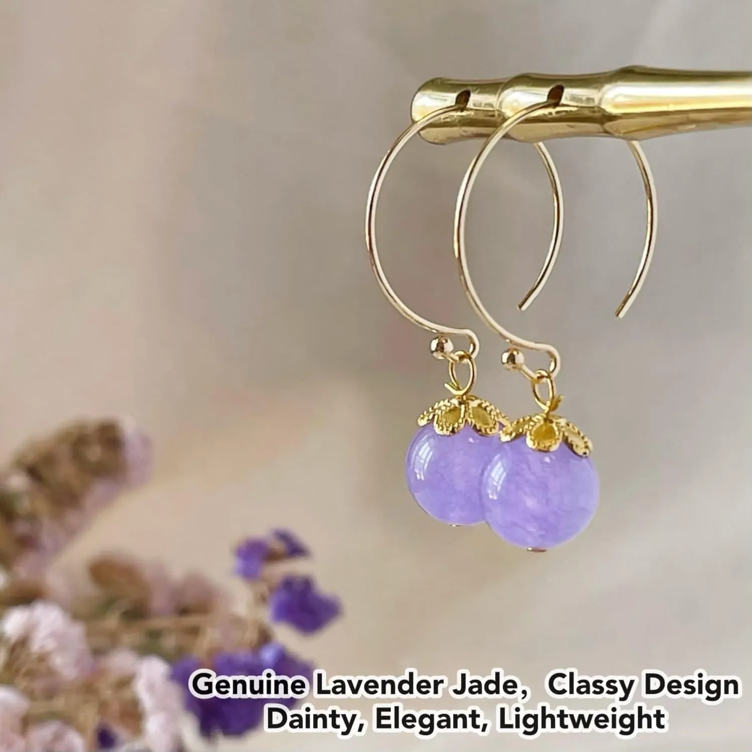 Natural Green & Purple Jade Small Dainty Hoop Dangle Earrings, Genuine Birthstone Jewelry for Women Girls (Lavendar 10mm bead)