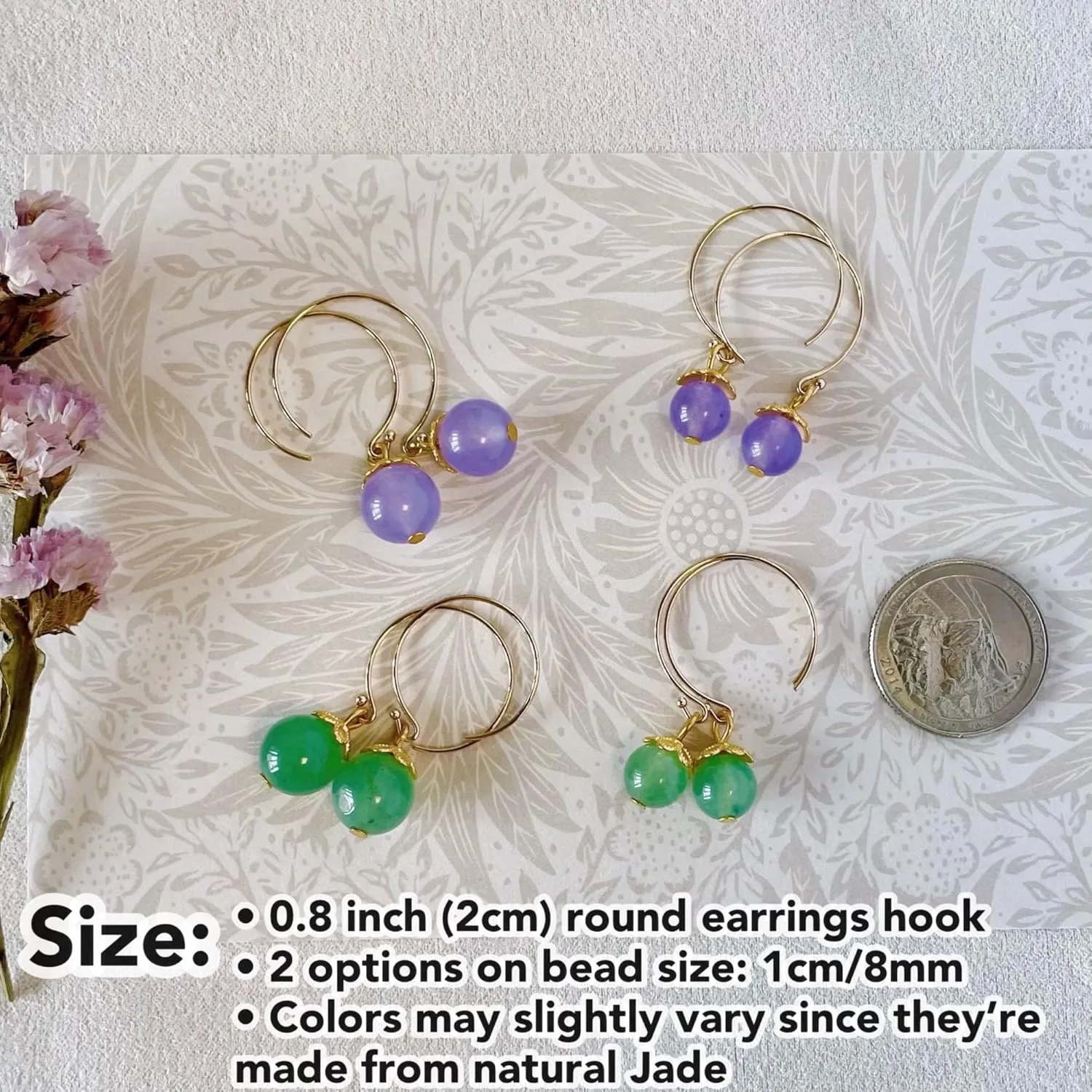 Natural Green & Purple Jade Small Dainty Hoop Dangle Earrings, Genuine Birthstone Jewelry for Women Girls (Lavendar 10mm bead)