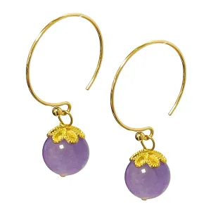 Natural Green & Purple Jade Small Dainty Hoop Dangle Earrings, Genuine Birthstone Jewelry for Women Girls (Lavendar 10mm bead)