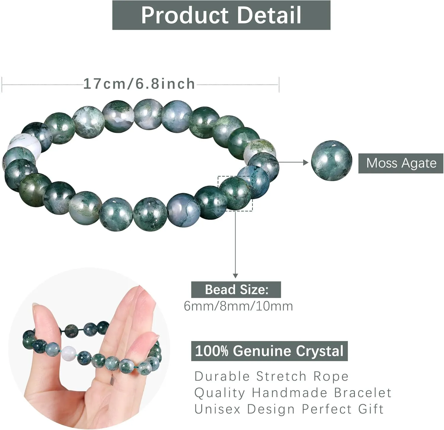 Natural Healing Crystal Stretch Bracelet, Stress Relief Anxiety Yoga Beaded Bracelets, Reiki Spiritural Chakra Positive Protection Quartz Gems Stones Bracelets, Natural Aesthetics Jewelry Fashion Accessory for Women Men Girls Gifts (Unisex)