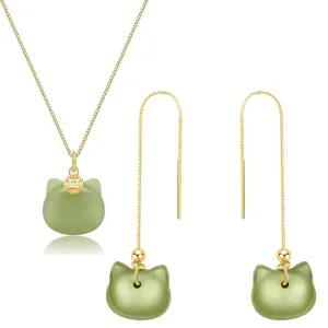Natural Hetian Jade Necklace, Cat Shape Jade Pendant Stud Earrings Jewelry for Women, Green Jade Jewelry Set Lucky Gifts for Mom Lover Girls Her (925 Sterling Silver with Gold Plated)