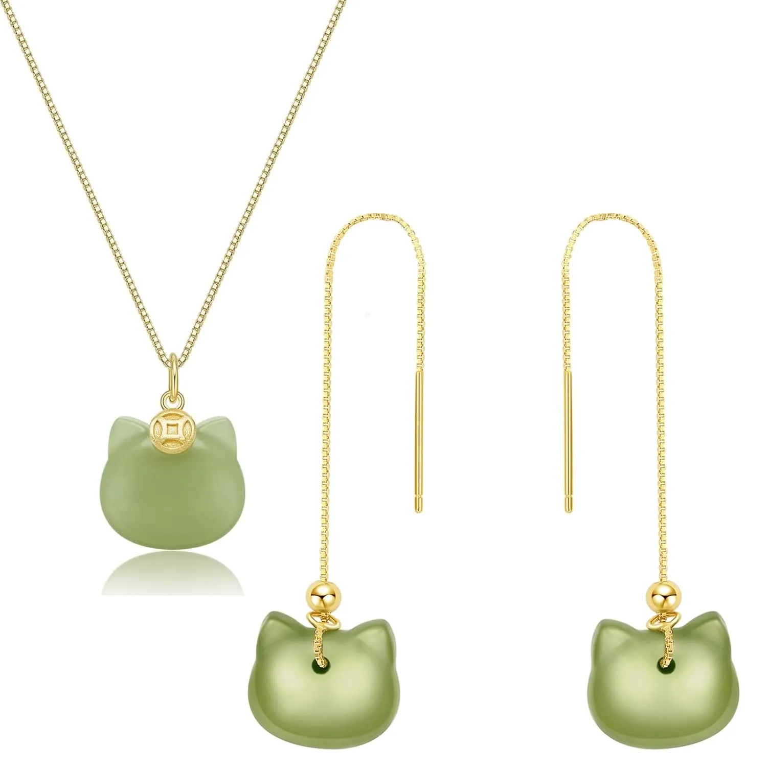 Natural Hetian Jade Necklace, Cat Shape Jade Pendant Stud Earrings Jewelry for Women, Green Jade Jewelry Set Lucky Gifts for Mom Lover Girls Her (925 Sterling Silver with Gold Plated)