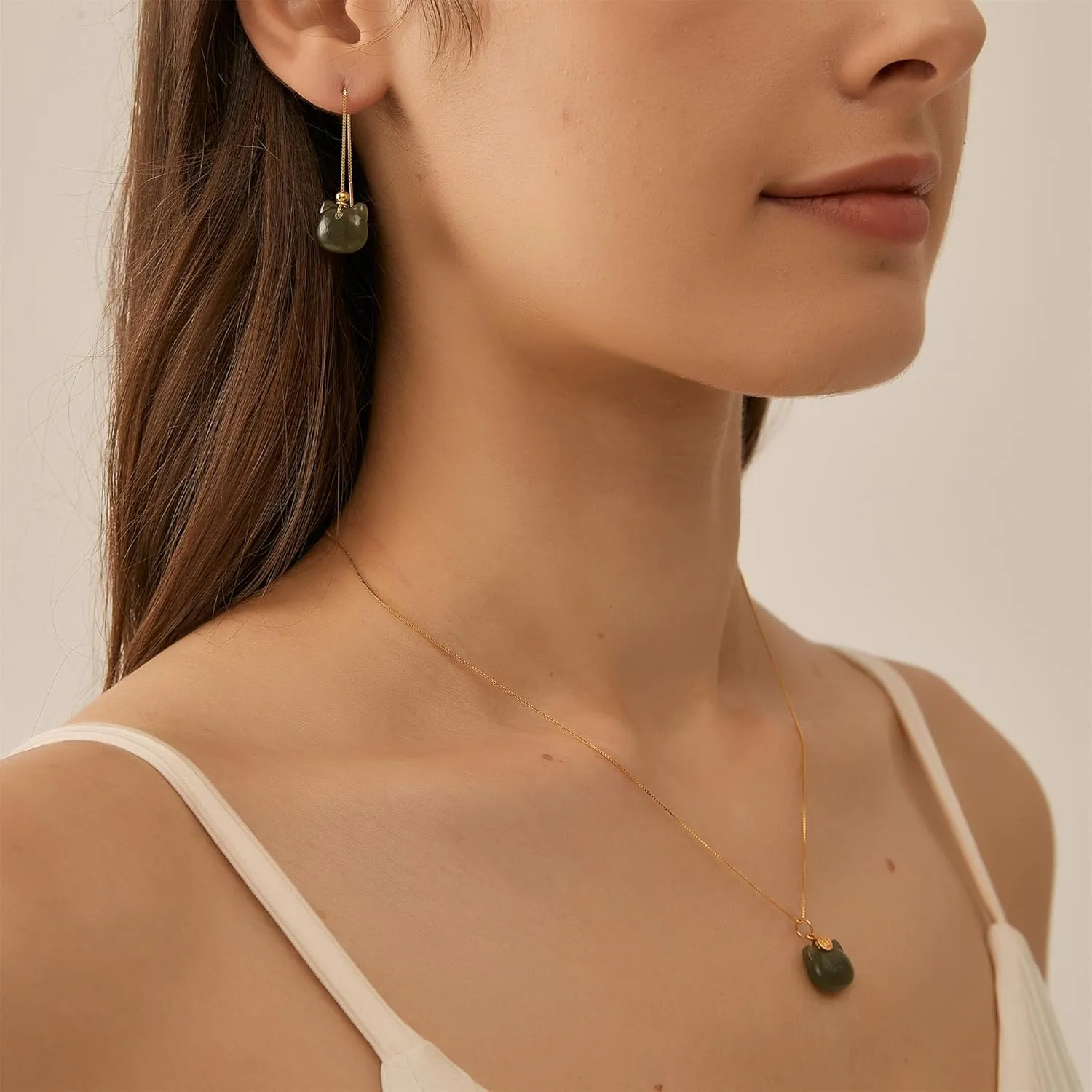 Natural Hetian Jade Necklace, Cat Shape Jade Pendant Stud Earrings Jewelry for Women, Green Jade Jewelry Set Lucky Gifts for Mom Lover Girls Her (925 Sterling Silver with Gold Plated)