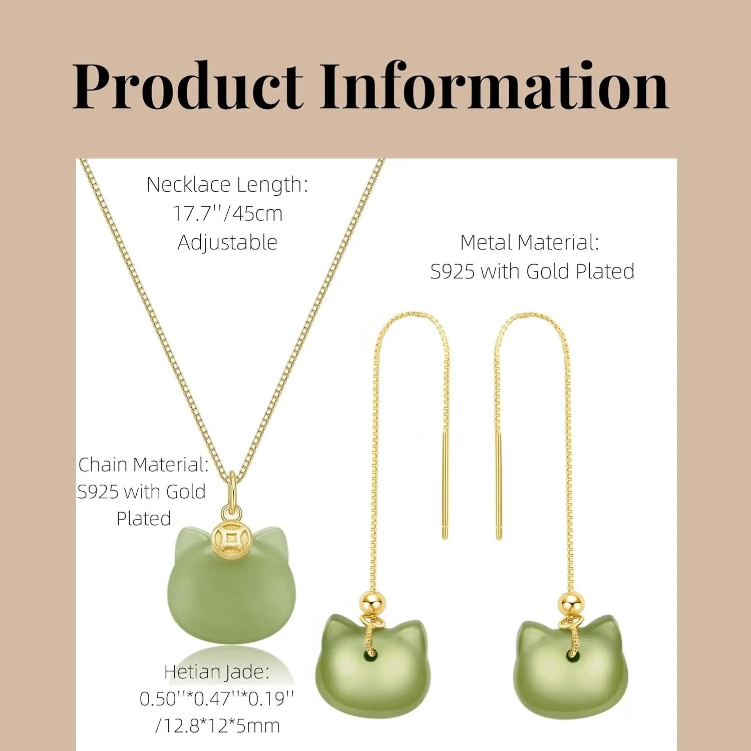 Natural Hetian Jade Necklace, Cat Shape Jade Pendant Stud Earrings Jewelry for Women, Green Jade Jewelry Set Lucky Gifts for Mom Lover Girls Her (925 Sterling Silver with Gold Plated)