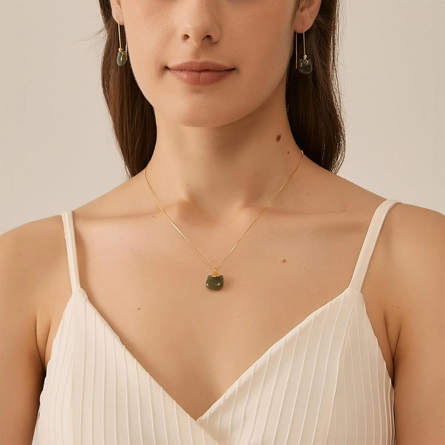 Natural Hetian Jade Necklace, Cat Shape Jade Pendant Stud Earrings Jewelry for Women, Green Jade Jewelry Set Lucky Gifts for Mom Lover Girls Her (925 Sterling Silver with Gold Plated)