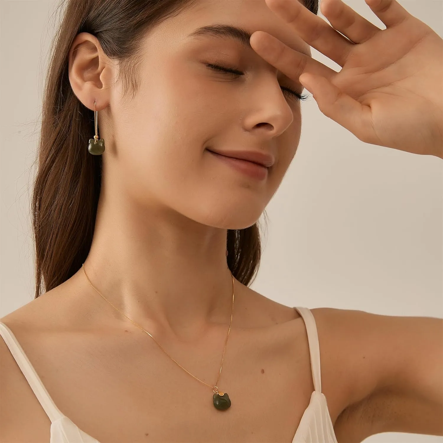 Natural Hetian Jade Necklace, Cat Shape Jade Pendant Stud Earrings Jewelry for Women, Green Jade Jewelry Set Lucky Gifts for Mom Lover Girls Her (925 Sterling Silver with Gold Plated)