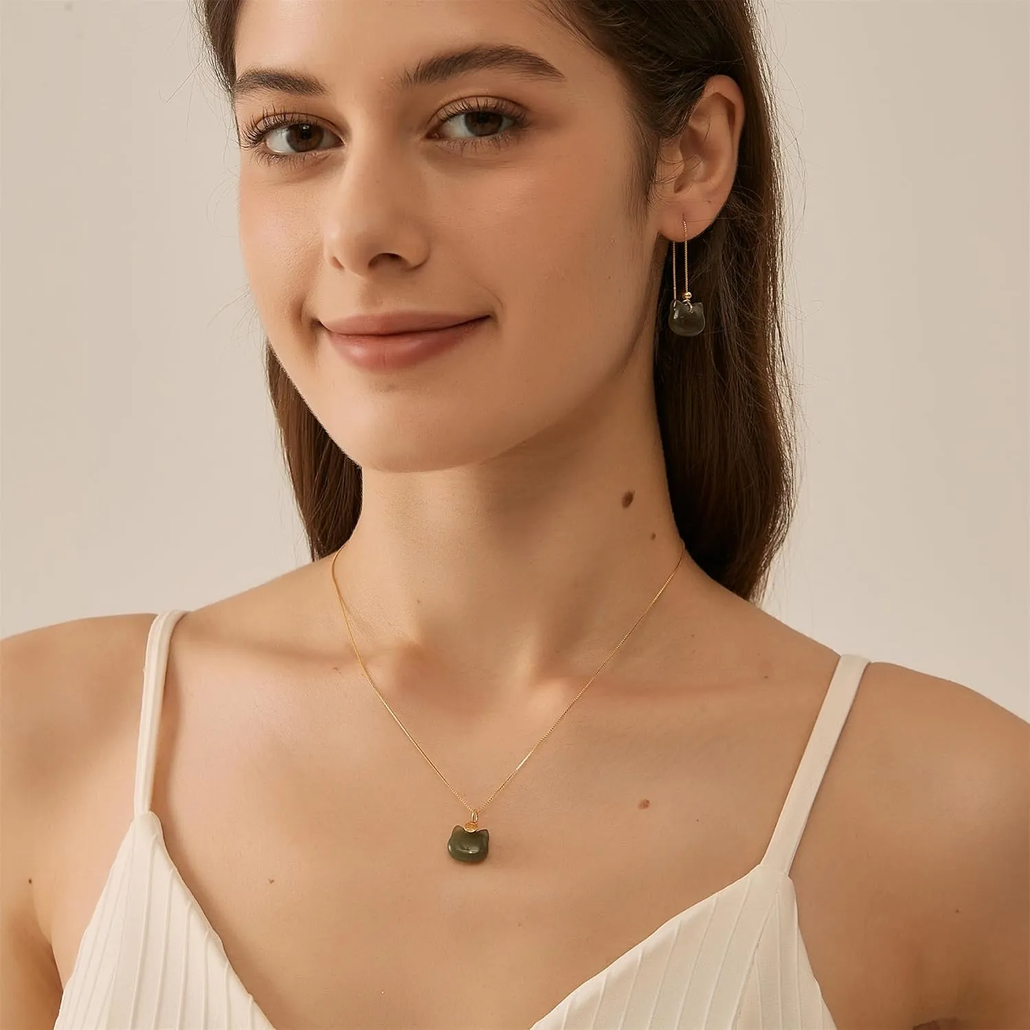 Natural Hetian Jade Necklace, Cat Shape Jade Pendant Stud Earrings Jewelry for Women, Green Jade Jewelry Set Lucky Gifts for Mom Lover Girls Her (925 Sterling Silver with Gold Plated)