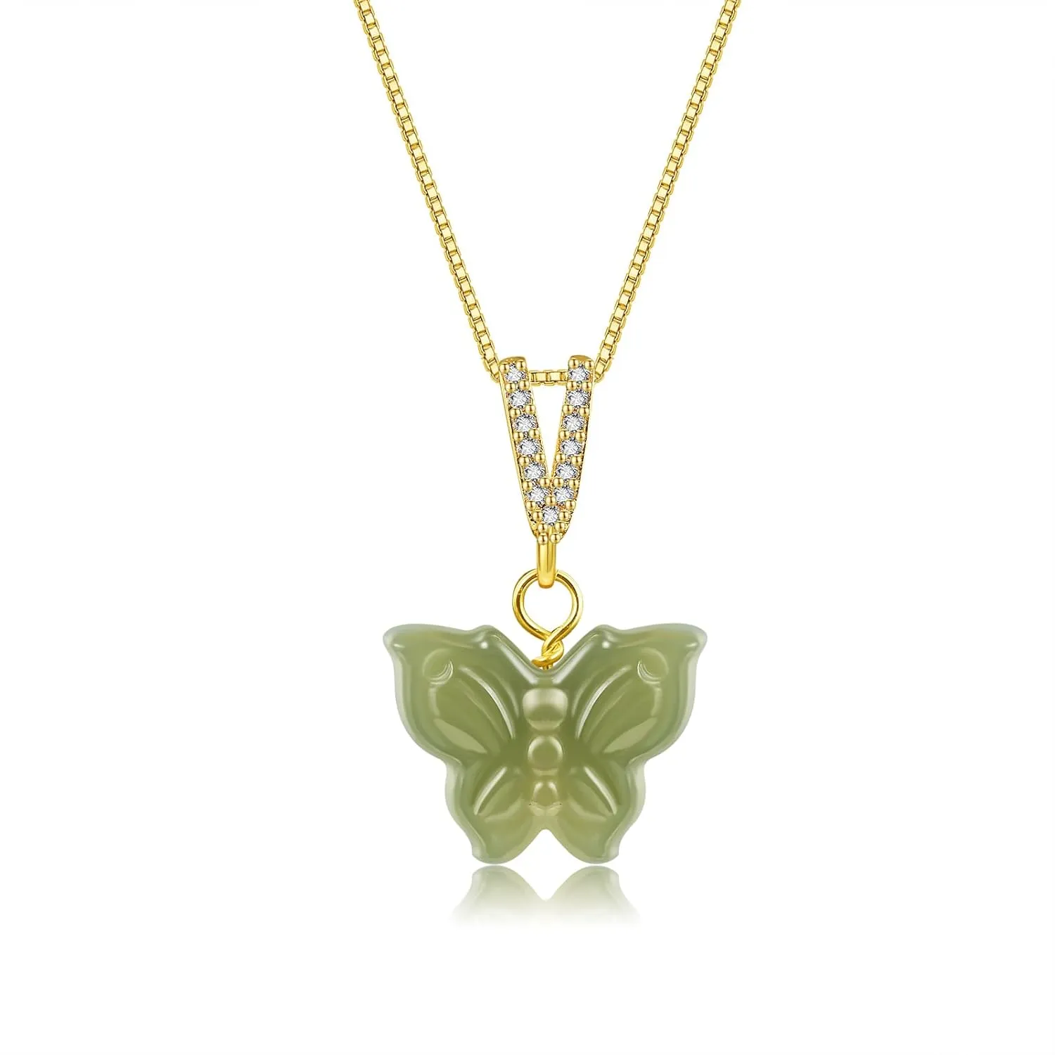 Natural Hetian Jade Necklace for Women, Butterfly Pendant Necklace Simple Fresh Necklace Choker Pendant Handmade Jewelry (S925 Sterling Silver Gold Plated)