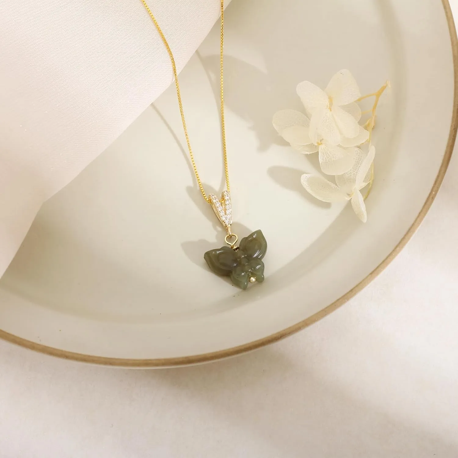 Natural Hetian Jade Necklace for Women, Butterfly Pendant Necklace Simple Fresh Necklace Choker Pendant Handmade Jewelry (S925 Sterling Silver Gold Plated)