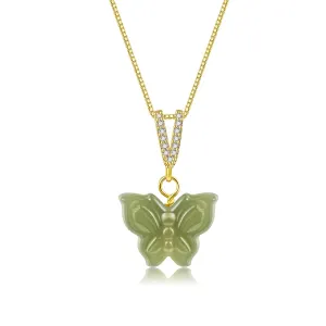 Natural Hetian Jade Necklace for Women, Butterfly Pendant Necklace Simple Fresh Necklace Choker Pendant Handmade Jewelry (S925 Sterling Silver Gold Plated)