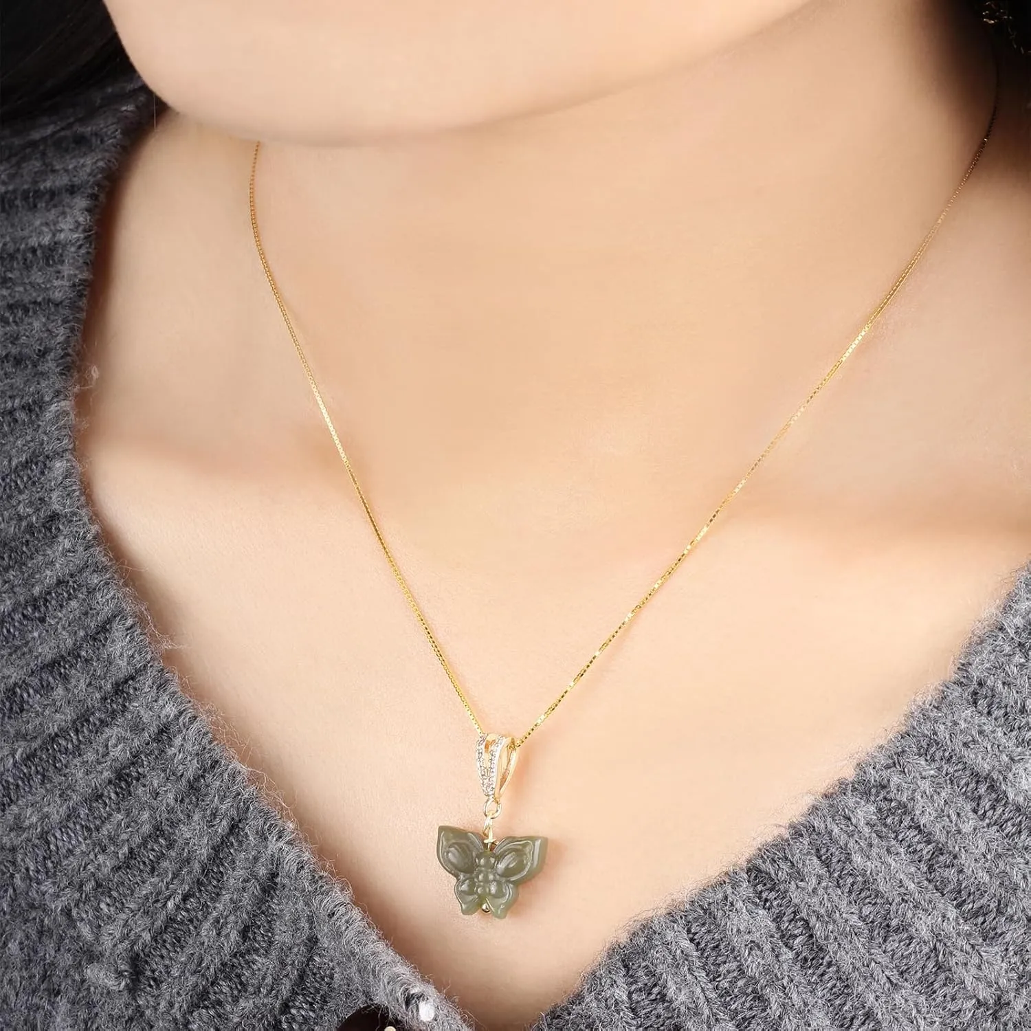 Natural Hetian Jade Necklace for Women, Butterfly Pendant Necklace Simple Fresh Necklace Choker Pendant Handmade Jewelry (S925 Sterling Silver Gold Plated)