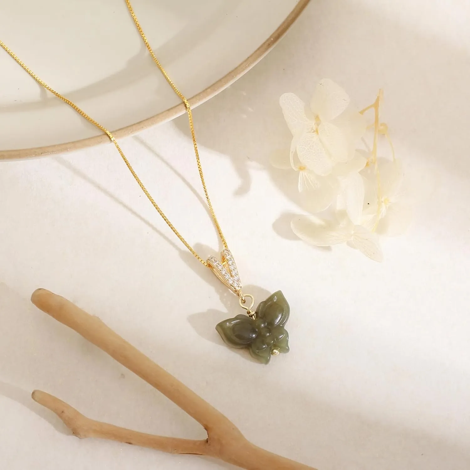 Natural Hetian Jade Necklace for Women, Butterfly Pendant Necklace Simple Fresh Necklace Choker Pendant Handmade Jewelry (S925 Sterling Silver Gold Plated)